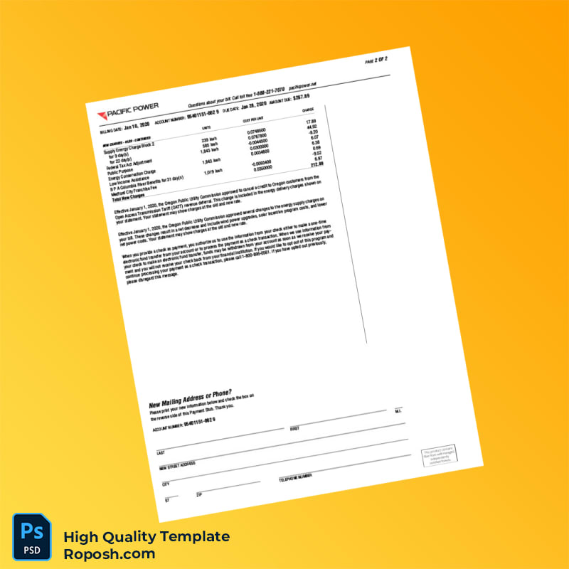 USA Pacific Power Editable Electricity Bill Template in Word and PDF formats 2 page USA Pacific Power Editable Electricity Bill Template in Word and PDF formats 2 page