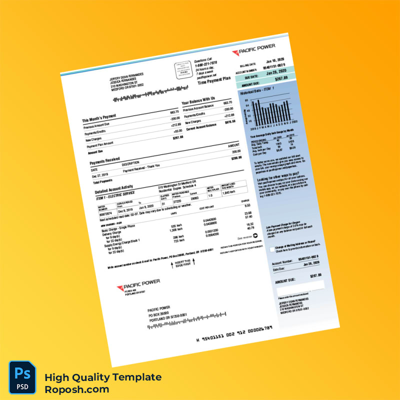 USA Pacific Power Editable Electricity Bill Template in Word and PDF formats 2 page USA Pacific Power Editable Electricity Bill Template in Word and PDF formats 2 page