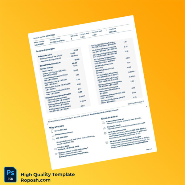 USA Portland General Editable Utility Bill Template in Word and PDF formats 3 page