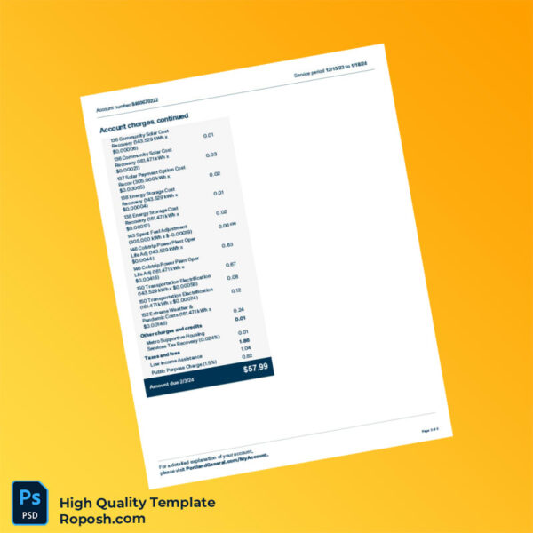USA Portland General Editable Utility Bill Template in Word and PDF formats 3 page