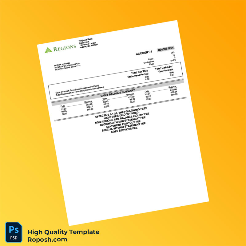 USA Regions Bank Personal Banking Statement Template in Word and PDF formats 4 page USA Regions Bank Personal Banking Statement Template in Word and PDF formats 4 page