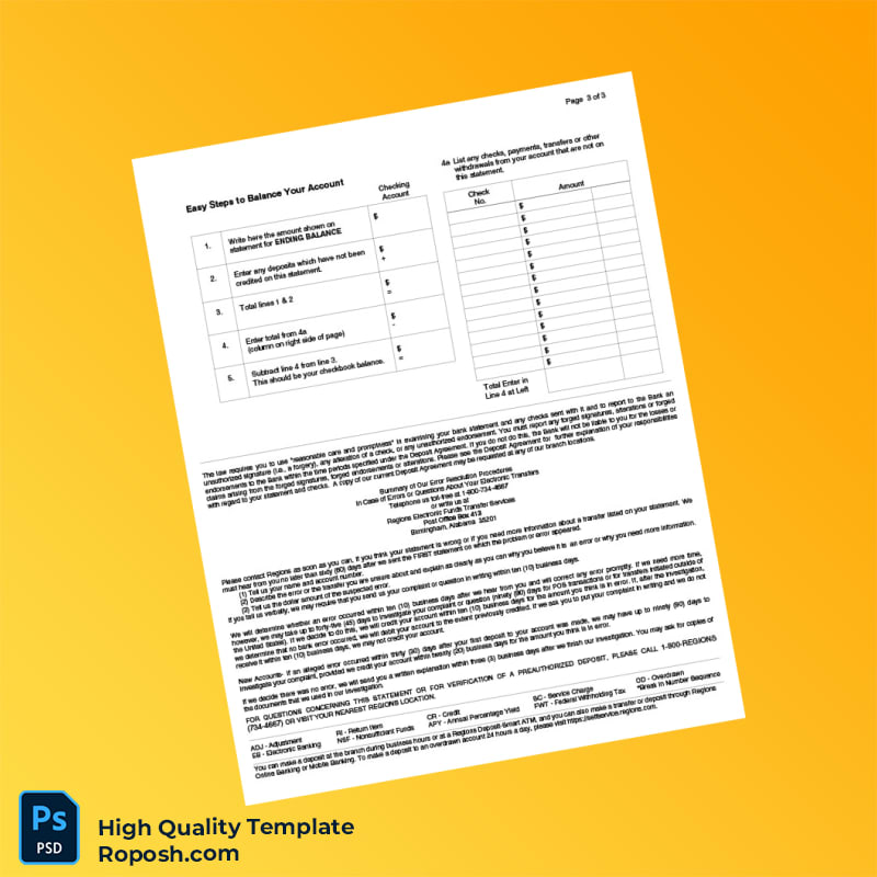 USA Regions Bank Personal Banking Statement Template in Word and PDF formats 4 page USA Regions Bank Personal Banking Statement Template in Word and PDF formats 4 page
