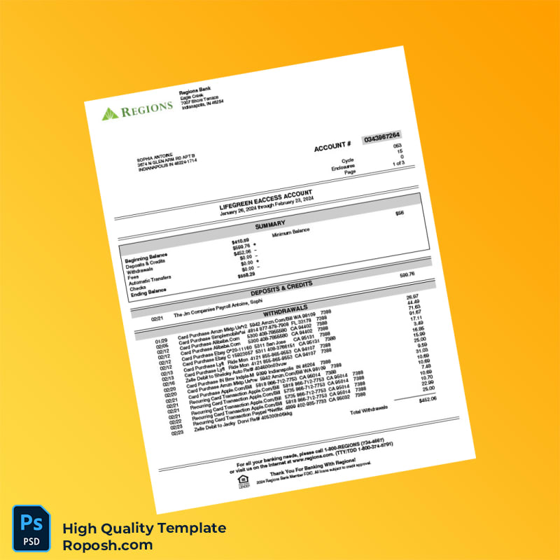 USA Regions Bank Personal Banking Statement Template in Word and PDF formats 4 page USA Regions Bank Personal Banking Statement Template in Word and PDF formats 4 page