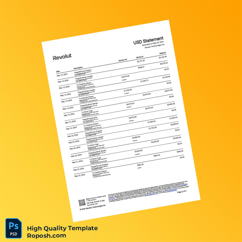 USA Revolut Account Statement Template in Word and PDF formats 3 page USA Revolut Account Statement Template in Word and PDF formats 3 page