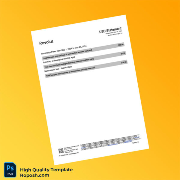 USA Revolut Account Statement Template in Word and PDF formats 3 page