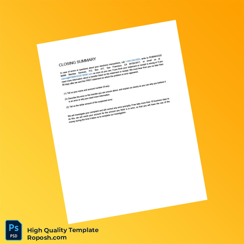 USA Robinhood Bank Statement Template in Word and PDF formats 6 page USA Robinhood Bank Statement Template in Word and PDF formats 6 page