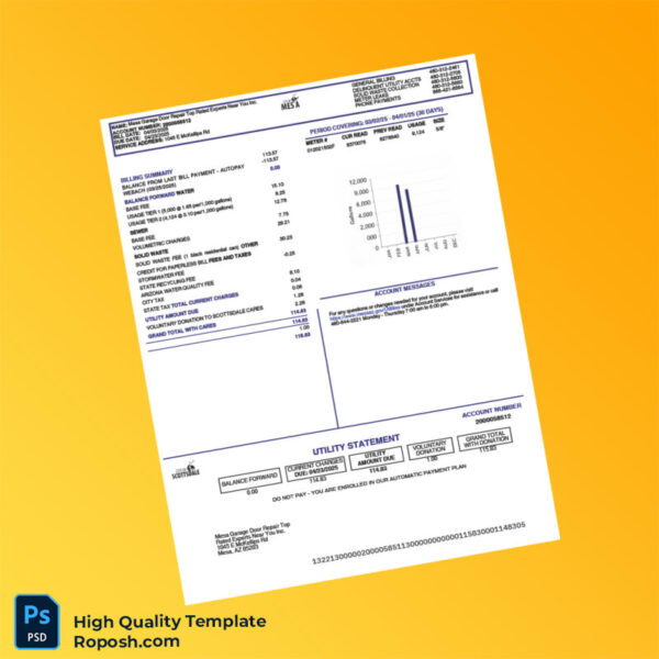 USA Scottsdale Editable Water Bill Template in Word and PDF formats