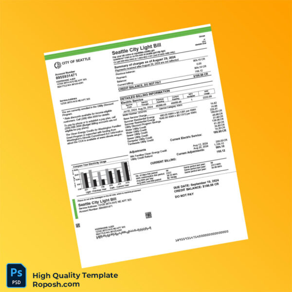 USA Seattle City Light Editable Electricity Bill Template in Word and PDF formats 2 page