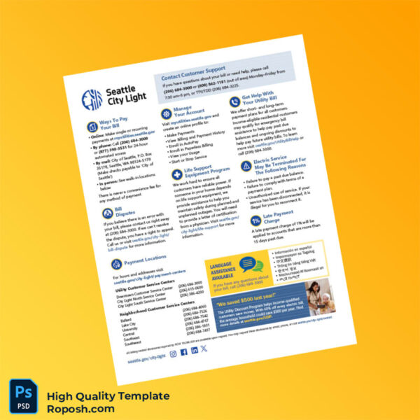 USA Seattle City Light Editable Electricity Bill Template in Word and PDF formats 2 page