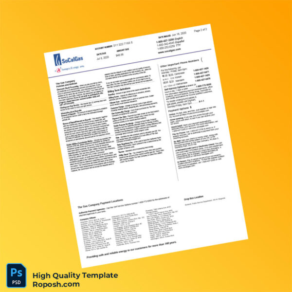 USA SoCalGas Editable Gas Bill Template in Word and PDF formats 2 page
