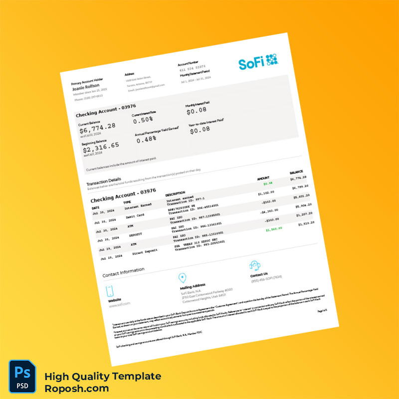 USA SoFi Bank Statement Template in Word and PDF formats 3 page USA SoFi Bank Statement Template in Word and PDF formats 3 page