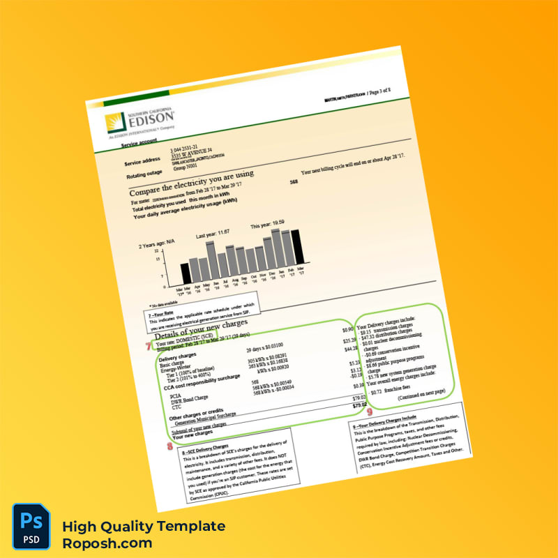 USA Southern California Edison Editable Electricity Bill Template in Word and PDF formats 8 page USA Southern California Edison Editable Electricity Bill Template in Word and PDF formats 8 page