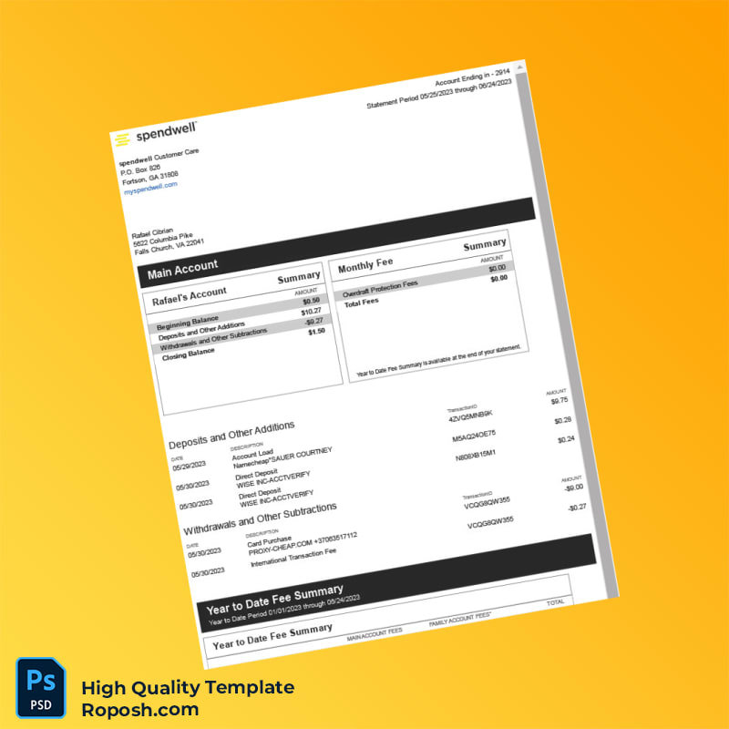 USA Spendwell Bank Statement Template in Word and PDF formats 2 page USA Spendwell Bank Statement Template in Word and PDF formats 2 page