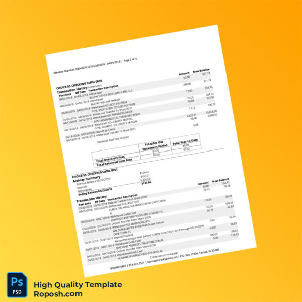 USA Suncoast Credit Union Account Statement Template in Word and PDF formats 4 page