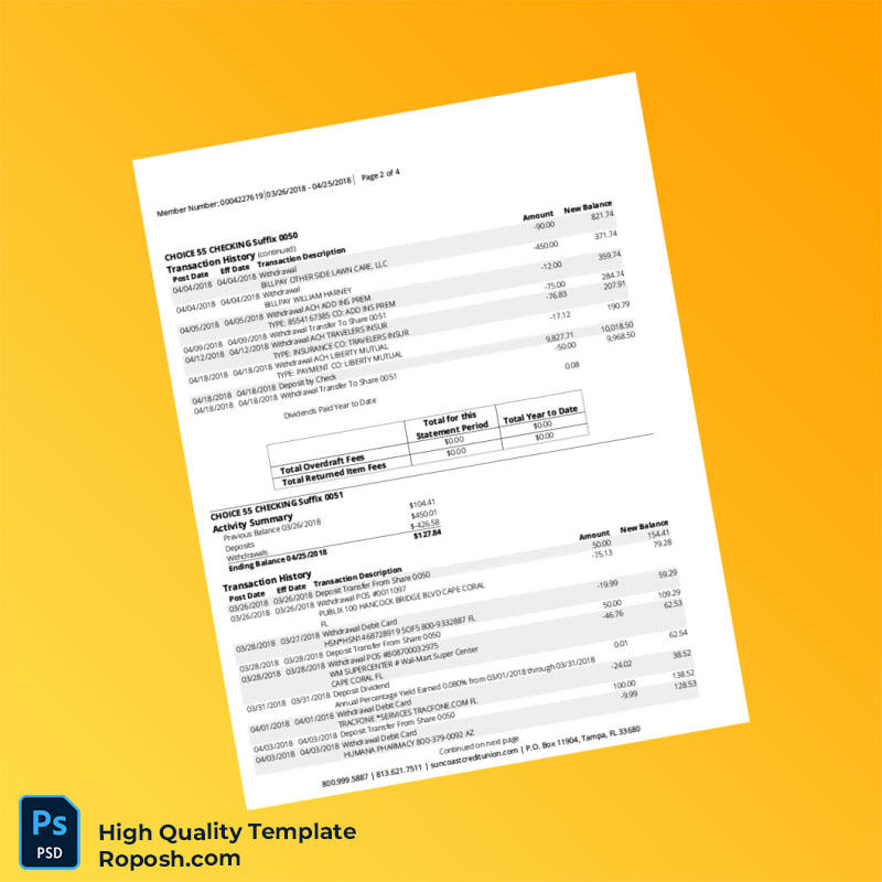 USA Suncoast Credit Union Account Statement Template in Word and PDF formats 4 page USA Suncoast Credit Union Account Statement Template in Word and PDF formats 4 page