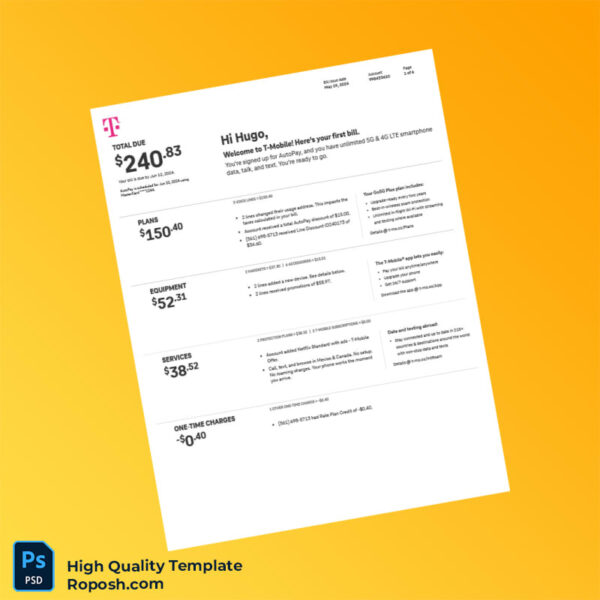 USA T Mobile Us Editable Summary Bill Template in Word and PDF formats 6 page