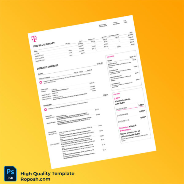 USA T Mobile Us Editable Summary Bill Template in Word and PDF formats 6 page
