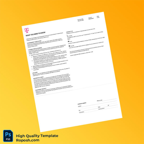 USA T Mobile Us Editable Summary Bill Template in Word and PDF formats 6 page