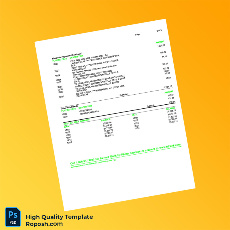 USA TD Bank Credit Card Statement Template in Word and PDF formats 3 page USA TD Bank Credit Card Statement Template in Word and PDF formats 3 page