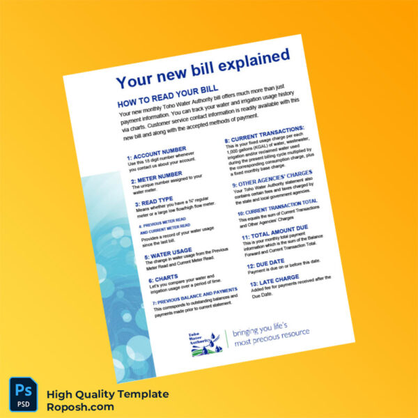 USA Toho Water Authority Editable Water Bill Template in Word and PDF formats 2 page