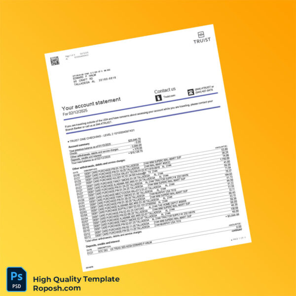 USA Truist Bank Statement Template in Word and PDF formats 3 page