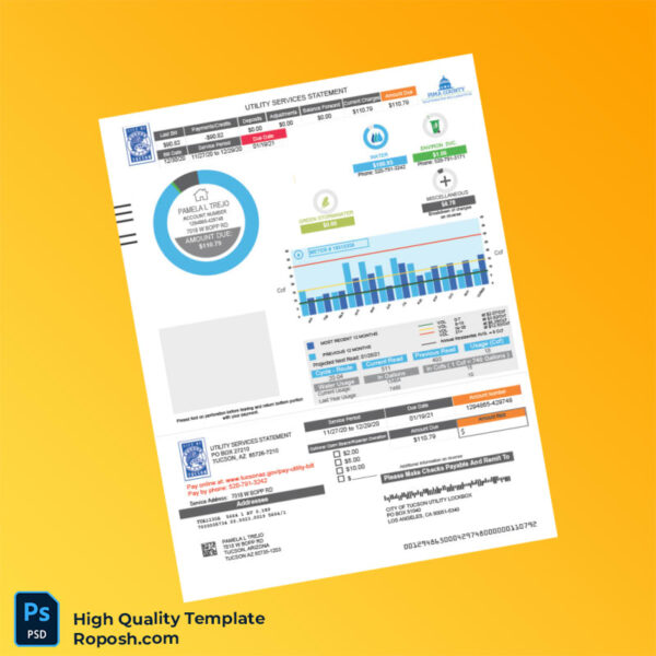 USA Tucson Water Editable Utility Services Statement Template in Word and PDF formats 2 page