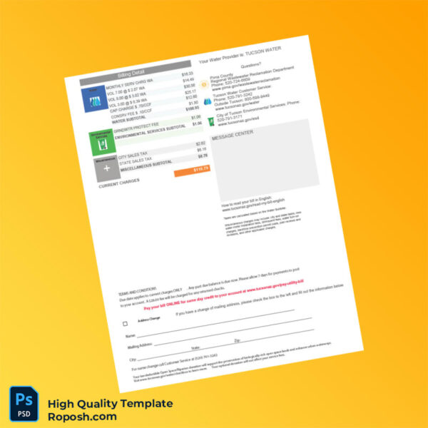 USA Tucson Water Editable Utility Services Statement Template in Word and PDF formats 2 page