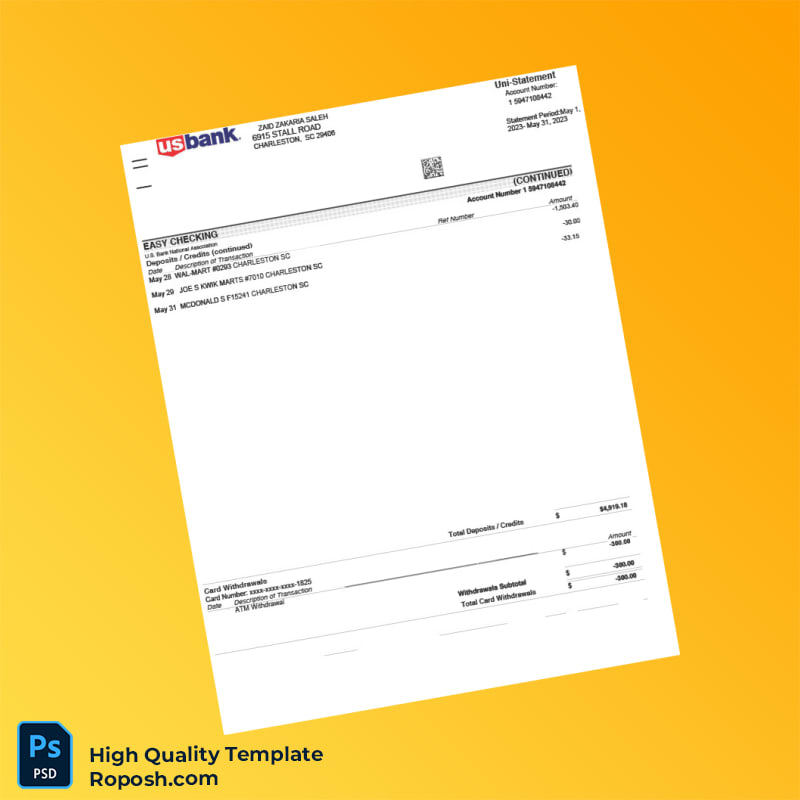 USA U S Bank Account Statement Template in Word and PDF formats 2 page USA U S Bank Account Statement Template in Word and PDF formats 2 page