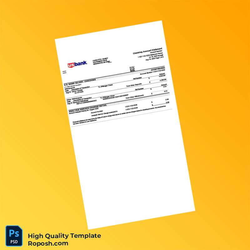 USA U S Bank Checking Account Statement Template in Word and PDF formats 4 page USA U S Bank Checking Account Statement Template in Word and PDF formats 4 page