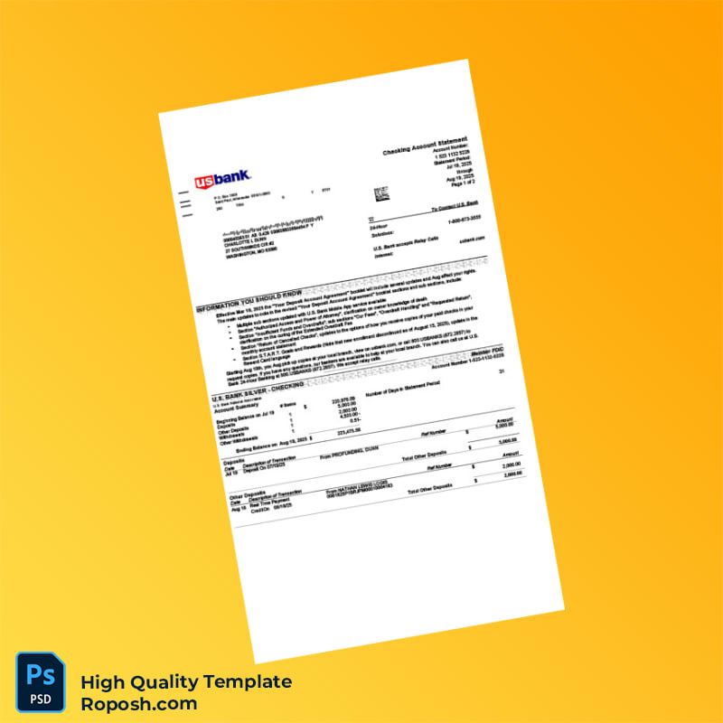 USA U S Bank Checking Account Statement Template in Word and PDF formats 4 page USA U S Bank Checking Account Statement Template in Word and PDF formats 4 page