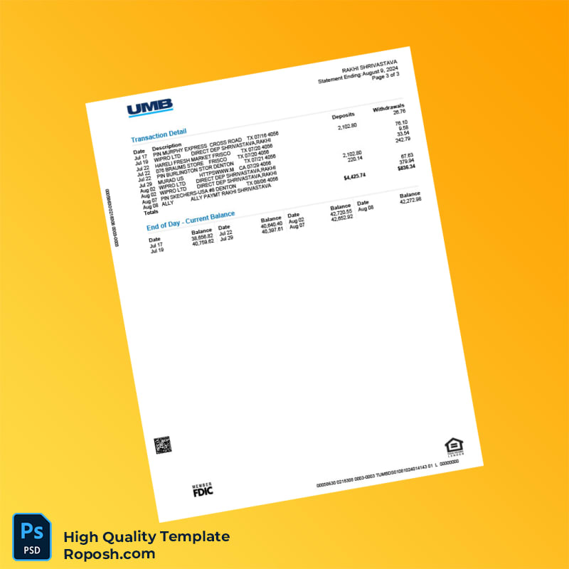 USA UMB Bank Statement Template in Word and PDF formats 3 page USA UMB Bank Statement Template in Word and PDF formats 3 page