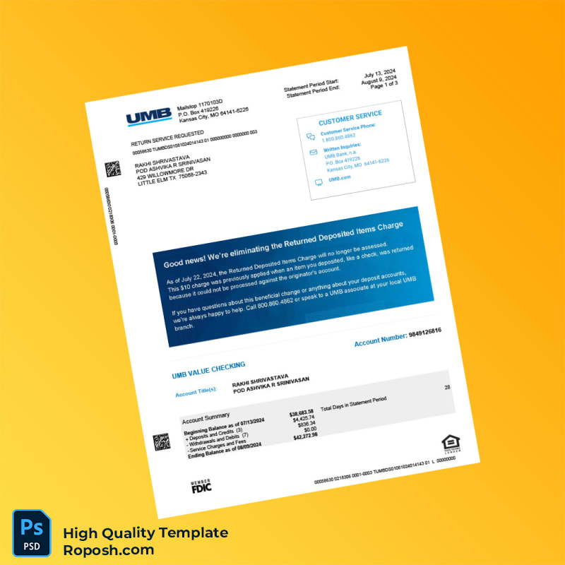 USA UMB Bank Statement Template in Word and PDF formats 3 page USA UMB Bank Statement Template in Word and PDF formats 3 page