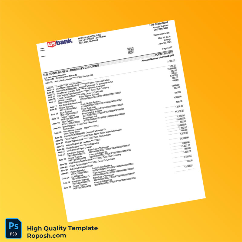 USA US Bank Account Statement Template in Word and PDF formats 7 page USA US Bank Account Statement Template in Word and PDF formats 7 page