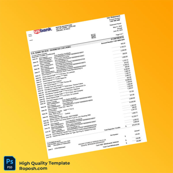 USA US Bank Account Statement Template in Word and PDF formats 7 page
