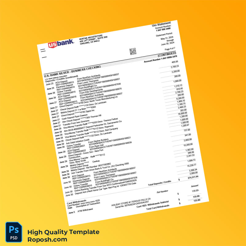 USA US Bank Account Statement Template in Word and PDF formats 7 page USA US Bank Account Statement Template in Word and PDF formats 7 page