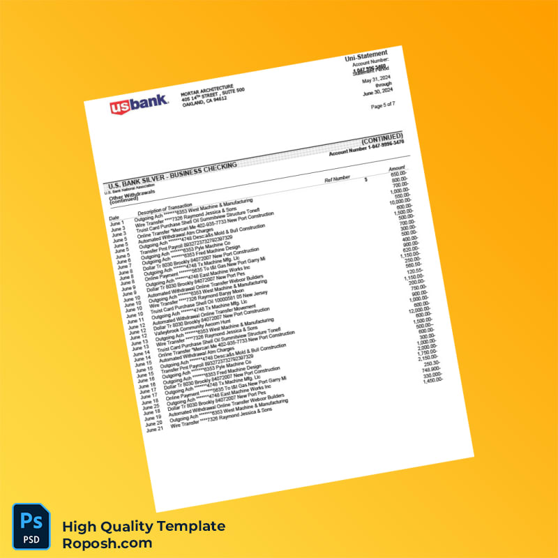 USA US Bank Account Statement Template in Word and PDF formats 7 page USA US Bank Account Statement Template in Word and PDF formats 7 page