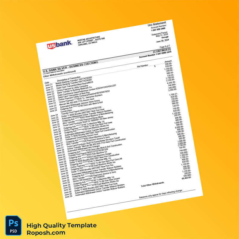 USA US Bank Account Statement Template in Word and PDF formats 7 page USA US Bank Account Statement Template in Word and PDF formats 7 page