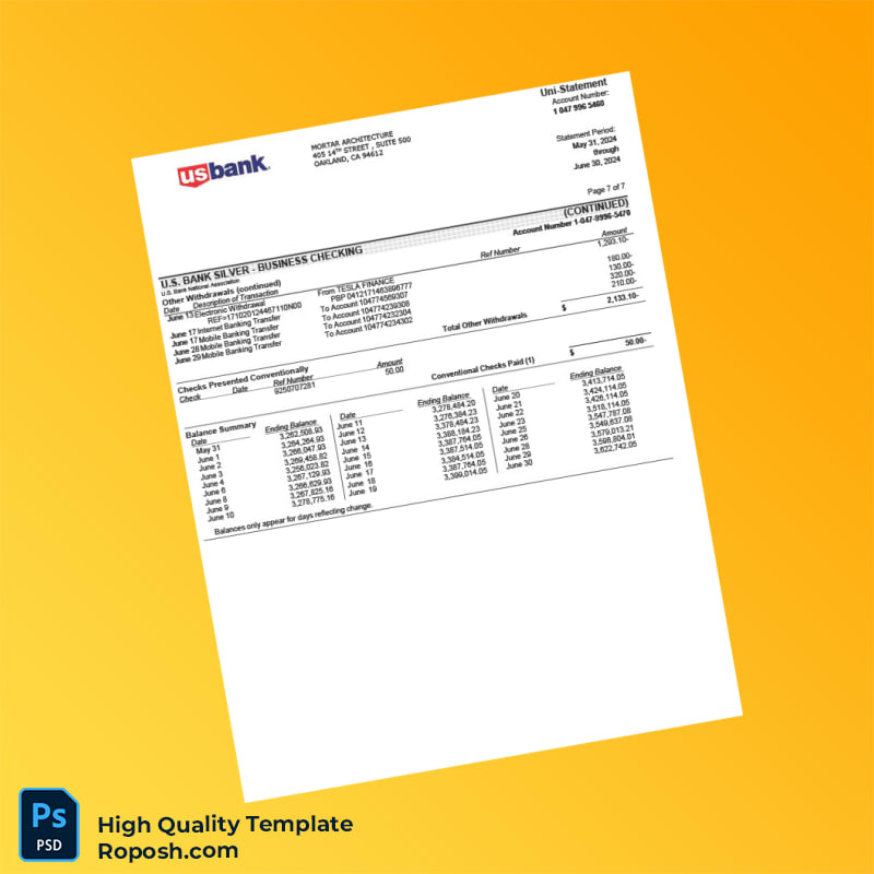 USA US Bank Account Statement Template in Word and PDF formats 7 page USA US Bank Account Statement Template in Word and PDF formats 7 page