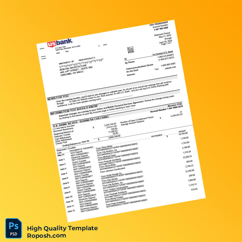 USA US Bank Account Statement Template in Word and PDF formats 7 page USA US Bank Account Statement Template in Word and PDF formats 7 page