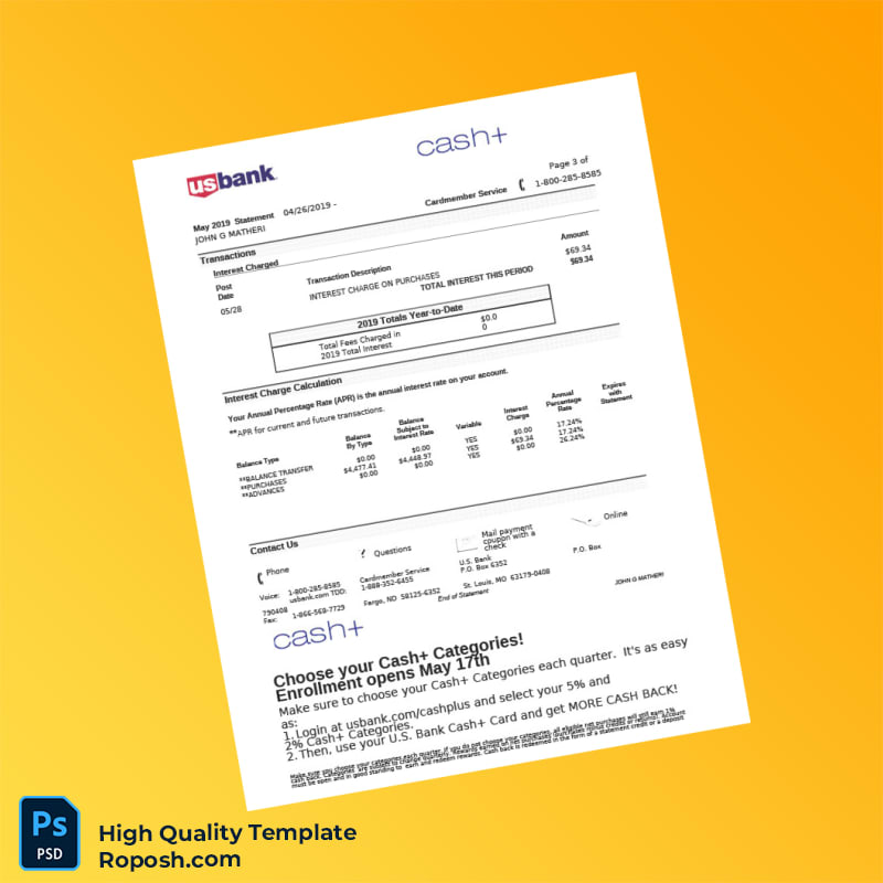 USA US Bank Credit Card Statement Template in Word and PDF formats 7 page USA US Bank Credit Card Statement Template in Word and PDF formats 7 page