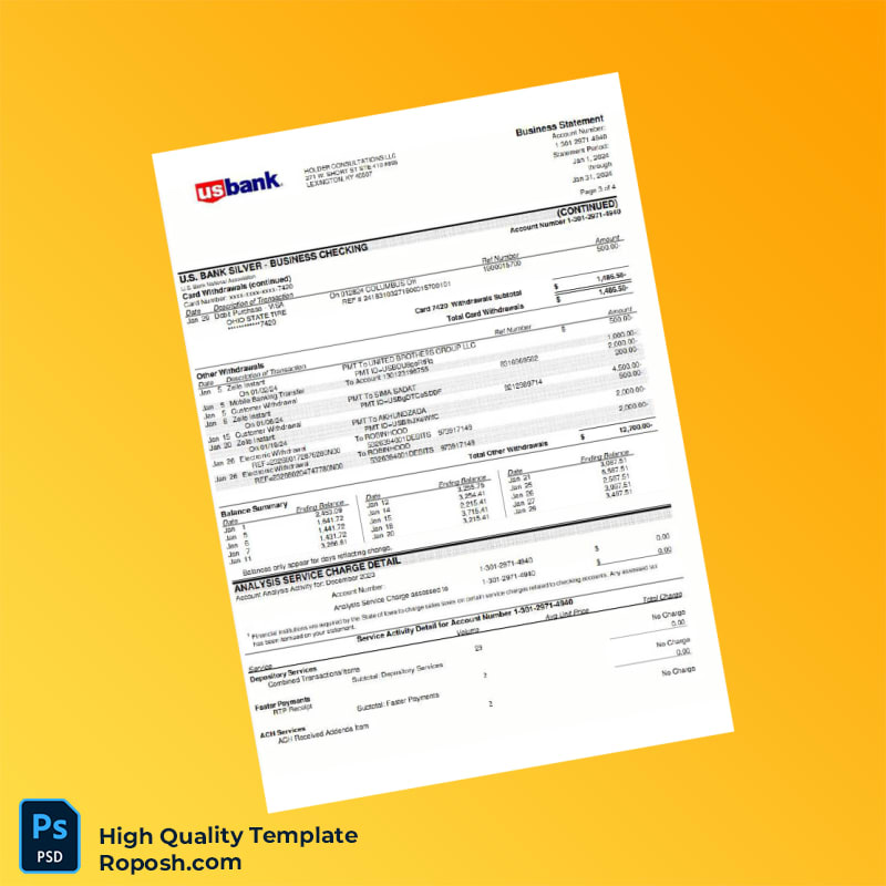 USA USBank Business Statement Template in Word and PDF formats 5 page USA USBank Business Statement Template in Word and PDF formats 5 page