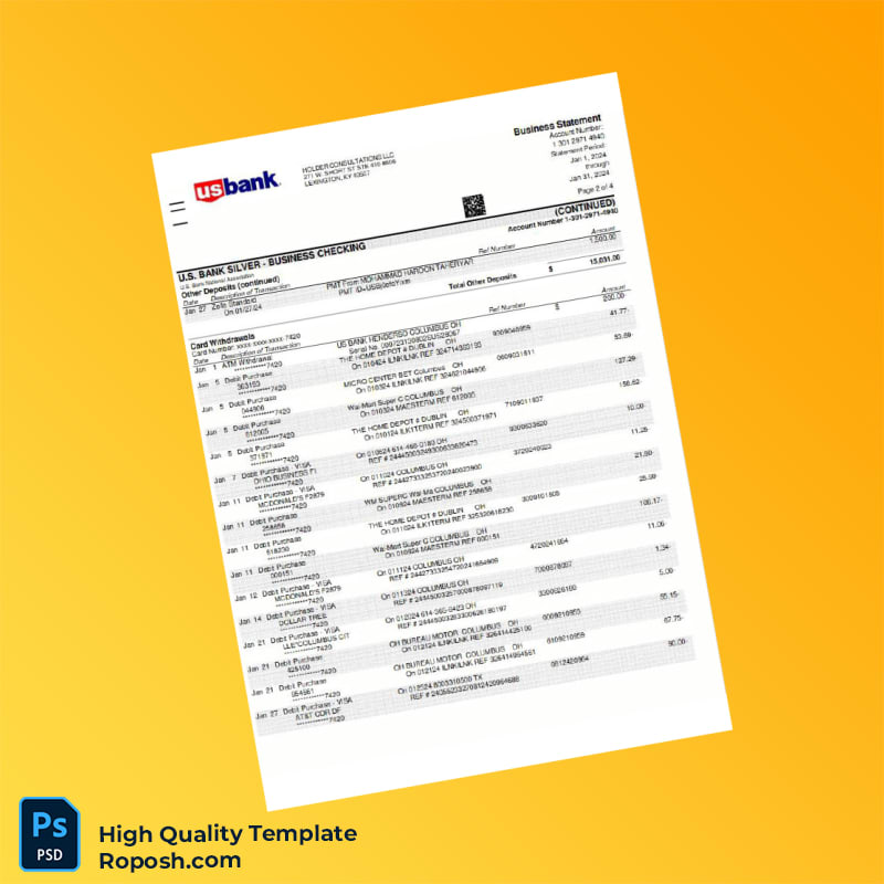 USA USBank Business Statement Template in Word and PDF formats 5 page USA USBank Business Statement Template in Word and PDF formats 5 page