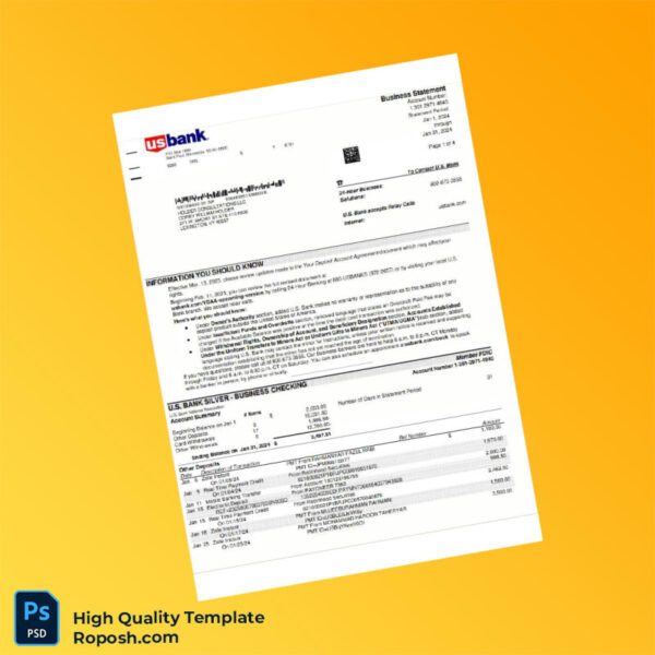 USA USBank Business Statement Template in Word and PDF formats 5 page