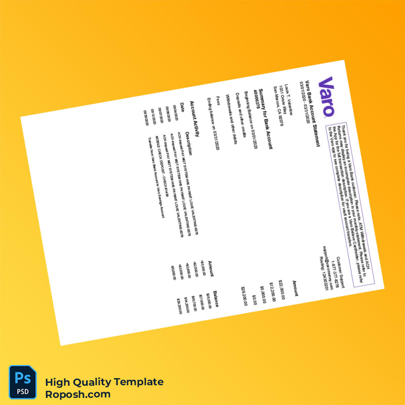 USA Varo Bank Statement Template in Word and PDF formats 2 page USA Varo Bank Statement Template in Word and PDF formats 2 page