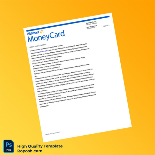 USA Walmart Money Card Bank Statement Template in Word and PDF formats 3 page