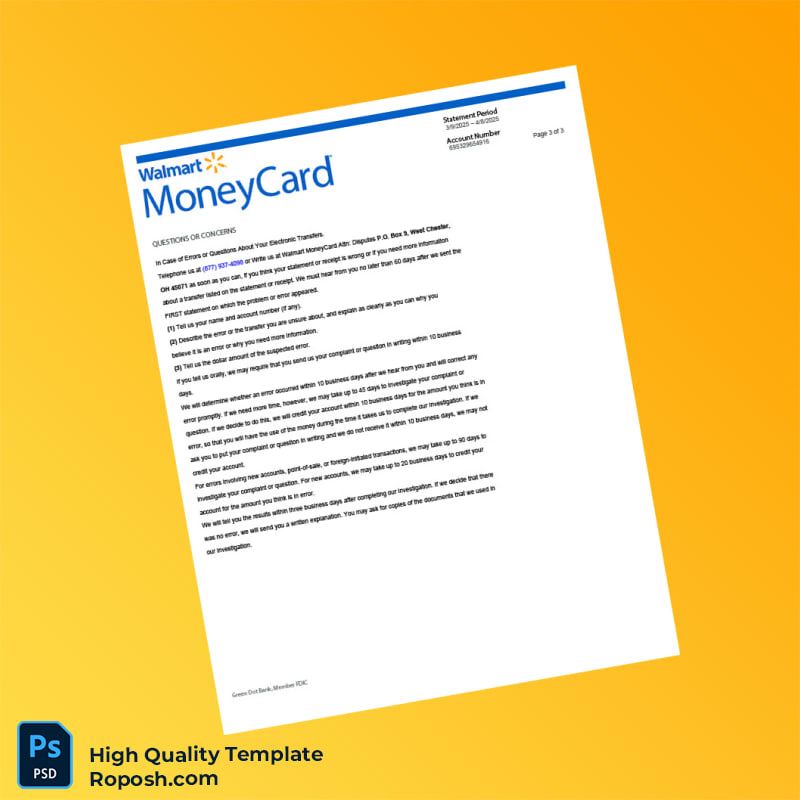 USA Walmart Money Card Bank Statement Template in Word and PDF formats 3 page USA Walmart Money Card Bank Statement Template in Word and PDF formats 3 page
