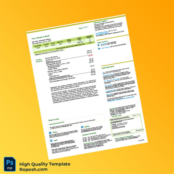 USA Washington Gas Editable Natural Gas Bill Template in Word and PDF formats 2 page