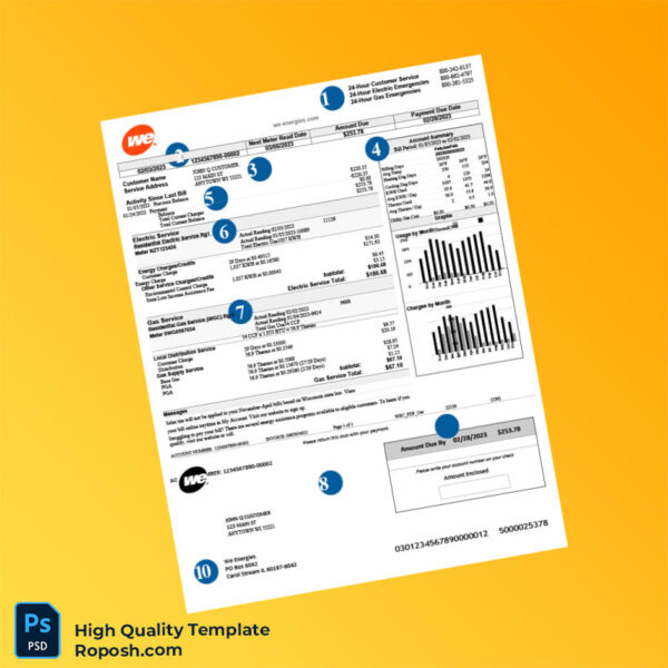 USA We Energies Editable Utility Bill Template in Word and PDF formats