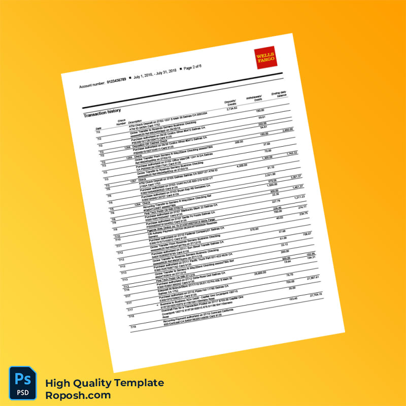 USA Wells Fargo Business Bank Statement Template in Word and PDF formats 6 page USA Wells Fargo Business Bank Statement Template in Word and PDF formats 6 page