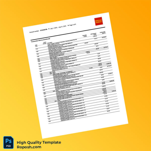 USA Wells Fargo Business Bank Statement Template in Word and PDF formats 6 page